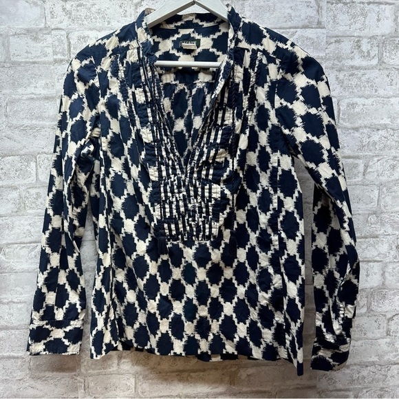 J Crew navy print blouse women’s size 4 100% cotton pullover - Picture 1 of 5